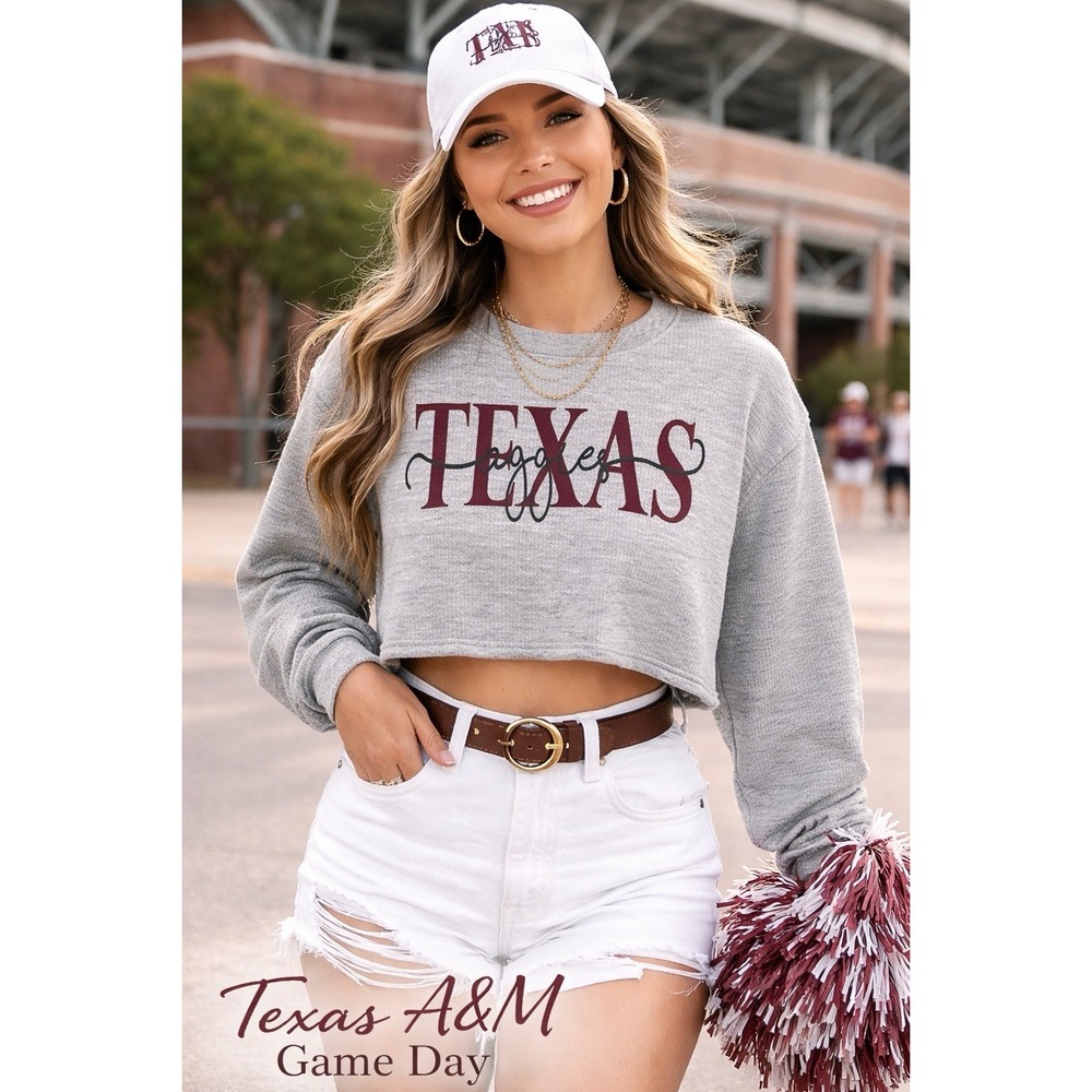 Texas A&M Cropped Sweatshirt Womens Large Gray Long Sleeve Aggies Pullover
